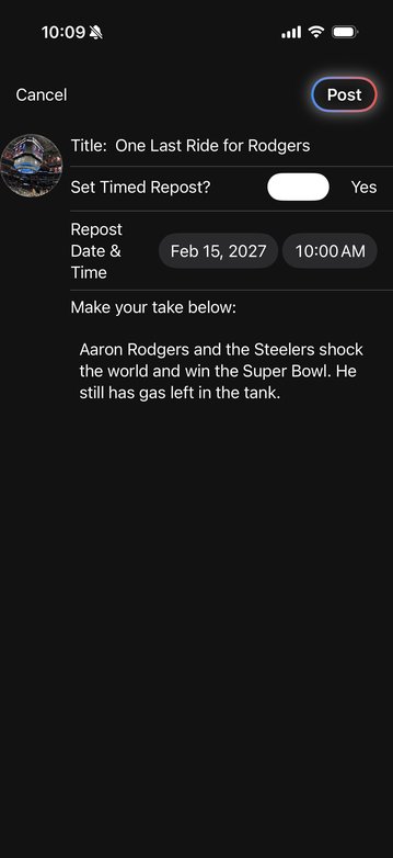 Compose screen for a new take with a timed repost date and time set in the future