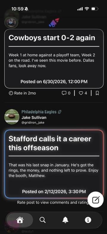 Toldya feed with an upcoming take counting down to its repost date and a reposted take ready to rate