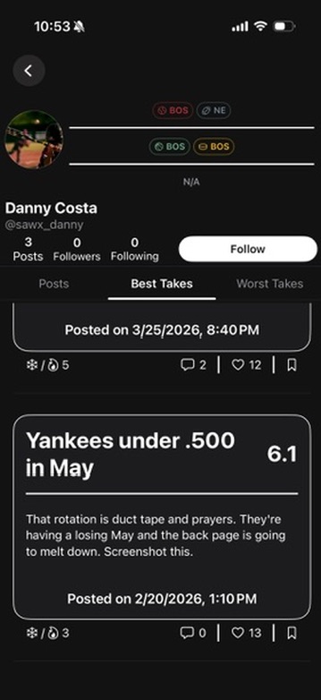 A profile page showing the archive of a user's takes with a highly rated prediction