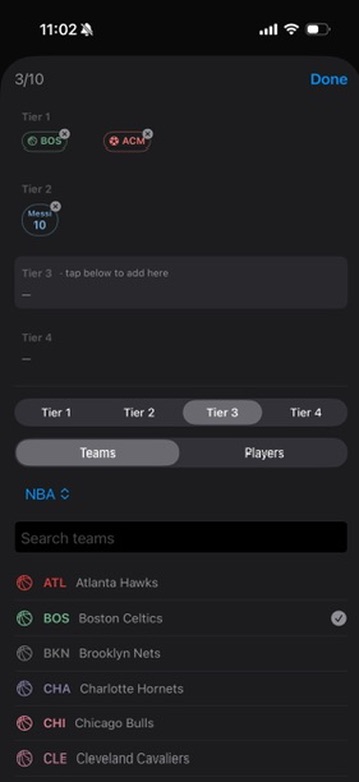 Tier list builder with teams and players sorted into tiers